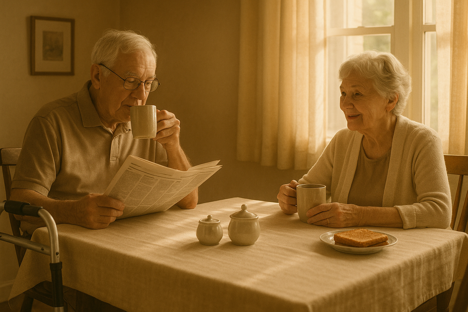 elderly couple sitting at dining table having morning coffee. there is a walker next to the husband who is sitting and reading the newspaper